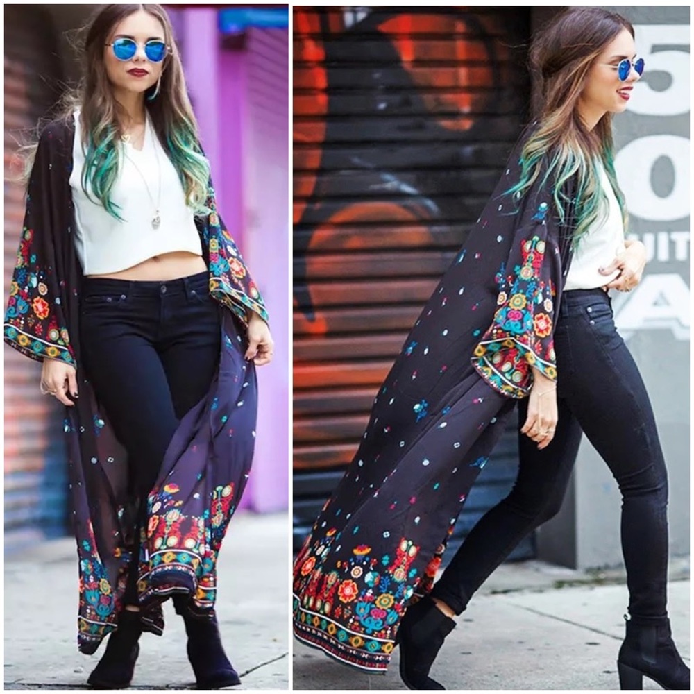 Boho Chic Black Floral Kimono Beach Coverup - Picture 3 of 16